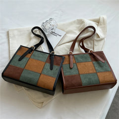 Retro Suede Checkered Tote Shoulder Bag for Women Winter Roomy Satchel