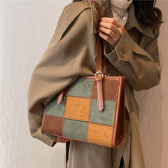 Retro Suede Checkered Tote Shoulder Bag for Women Winter Roomy Satchel