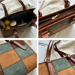 Retro Suede Checkered Tote Shoulder Bag for Women Winter Roomy Satchel