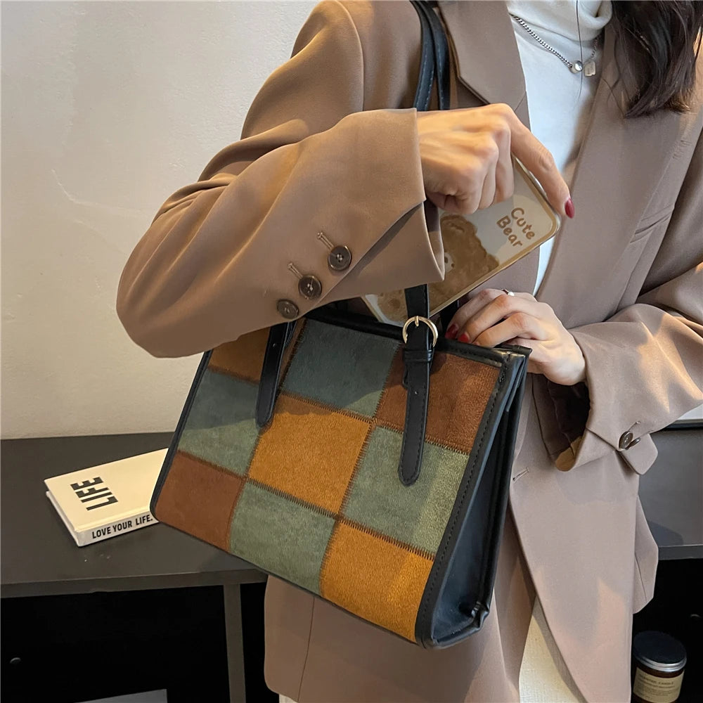 Retro Suede Checkered Tote Shoulder Bag for Women Winter Roomy Satchel