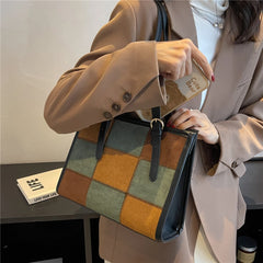 Retro Suede Checkered Tote Shoulder Bag for Women Winter Roomy Satchel