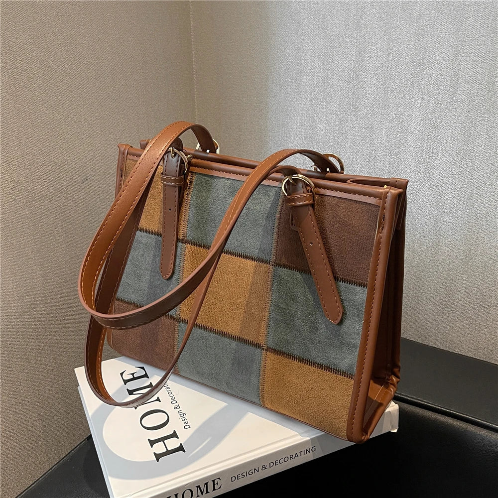 Retro Suede Checkered Tote Shoulder Bag for Women Winter Roomy Satchel