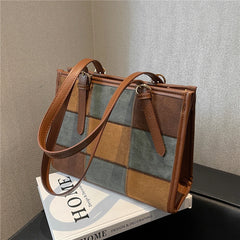 Retro Suede Checkered Tote Shoulder Bag for Women Winter Roomy Satchel
