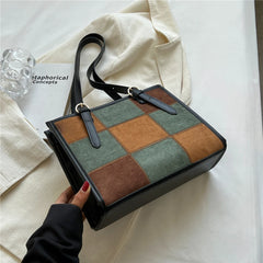 Retro Suede Checkered Tote Shoulder Bag for Women Winter Roomy Satchel