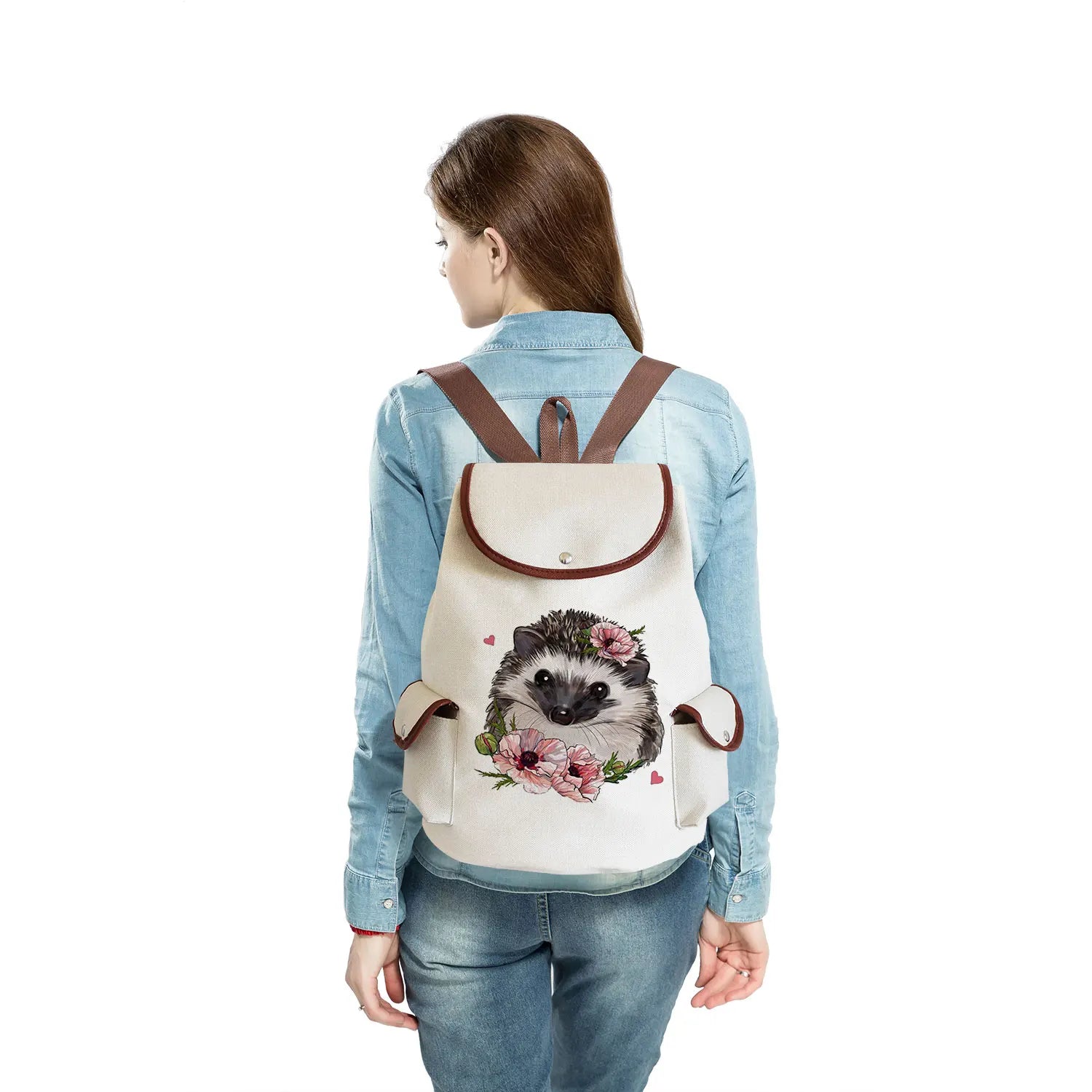 High Capacity Student Backpack Drawstring Bag Casual Portable Hedgehog Flower