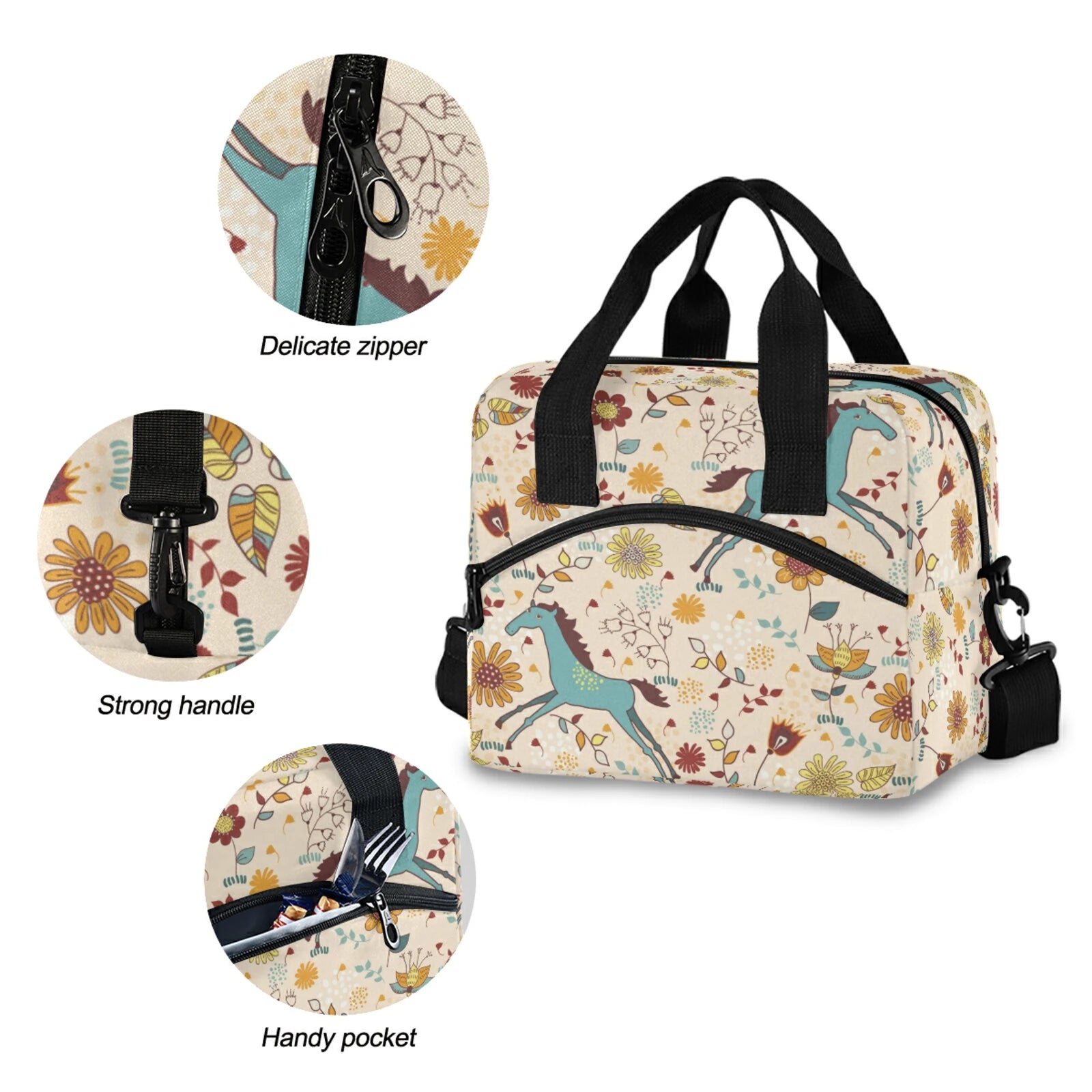Horse Print Food Thermal Lunch Box Bag Durable Insulated Case