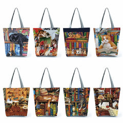 Oil Painting Cat Printed Tote Bag Lady Handbag Reusable Shopping Bag
