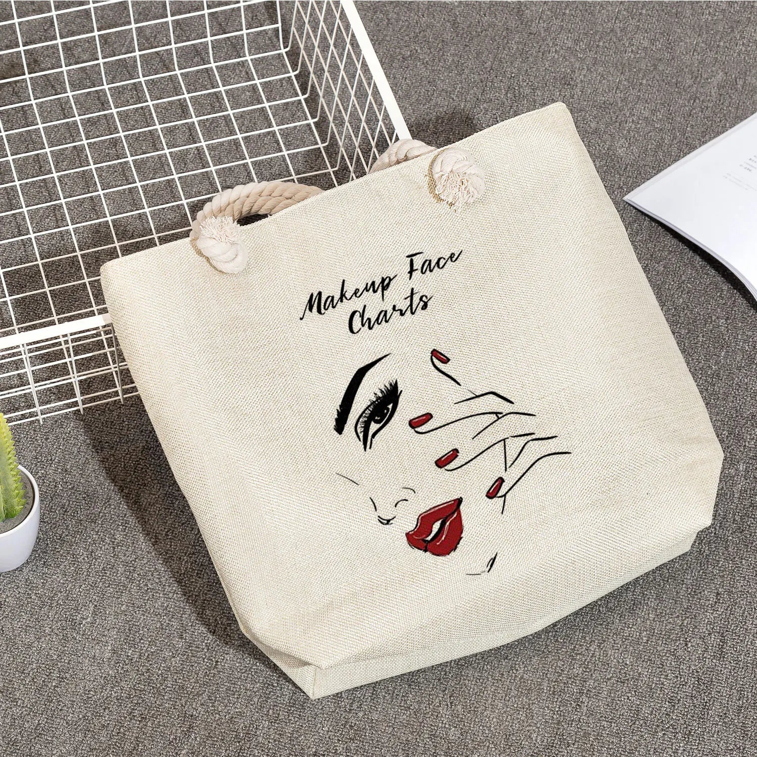 High Capacity Women's Tote Bag Thick Rope Storage Lips Print Shoulder Bag