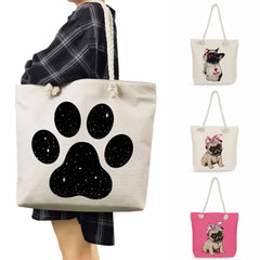 Summer Pug Print Tote Bag Linen Rope Shoulder Bag