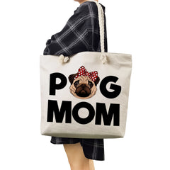 Summer Pug Print Tote Bag Linen Rope Shoulder Bag