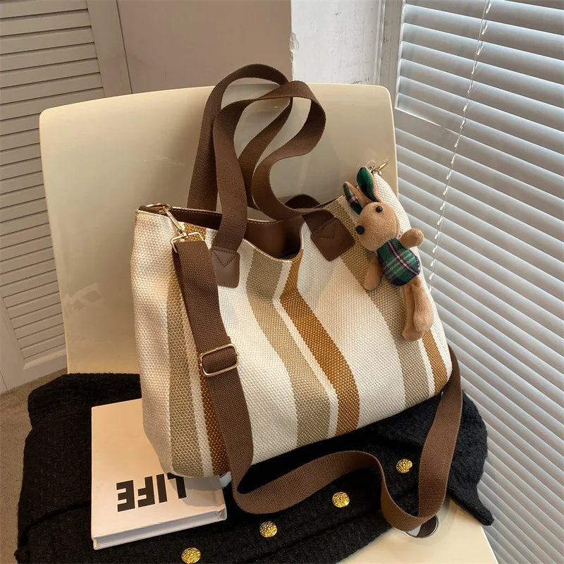 Stripe Canvas Commuter Tote Shoulder Crossbody - Vintage Style