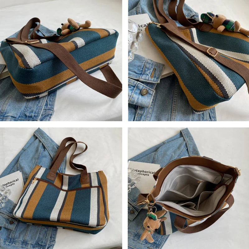 Stripe Canvas Commuter Tote Shoulder Crossbody - Vintage Style