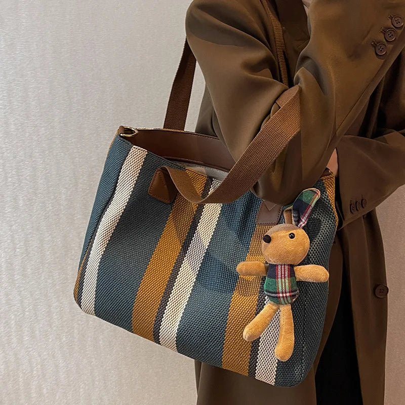 Stripe Canvas Commuter Tote Shoulder Crossbody - Vintage Style