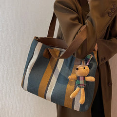 Stripe Canvas Commuter Tote Shoulder Crossbody - Vintage Style