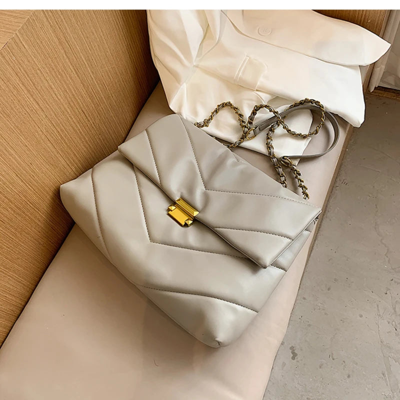 Vintage Chain Crossbody Bags - High Capacity PU Leather Women Shoulder Handbags