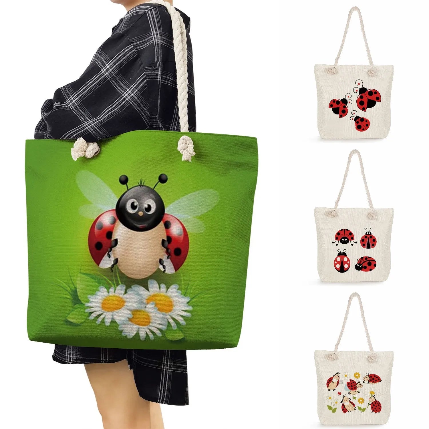 Thick Rope Shoulder Bag Summer Beach Tote Eco Reusable Ladybug Handbag