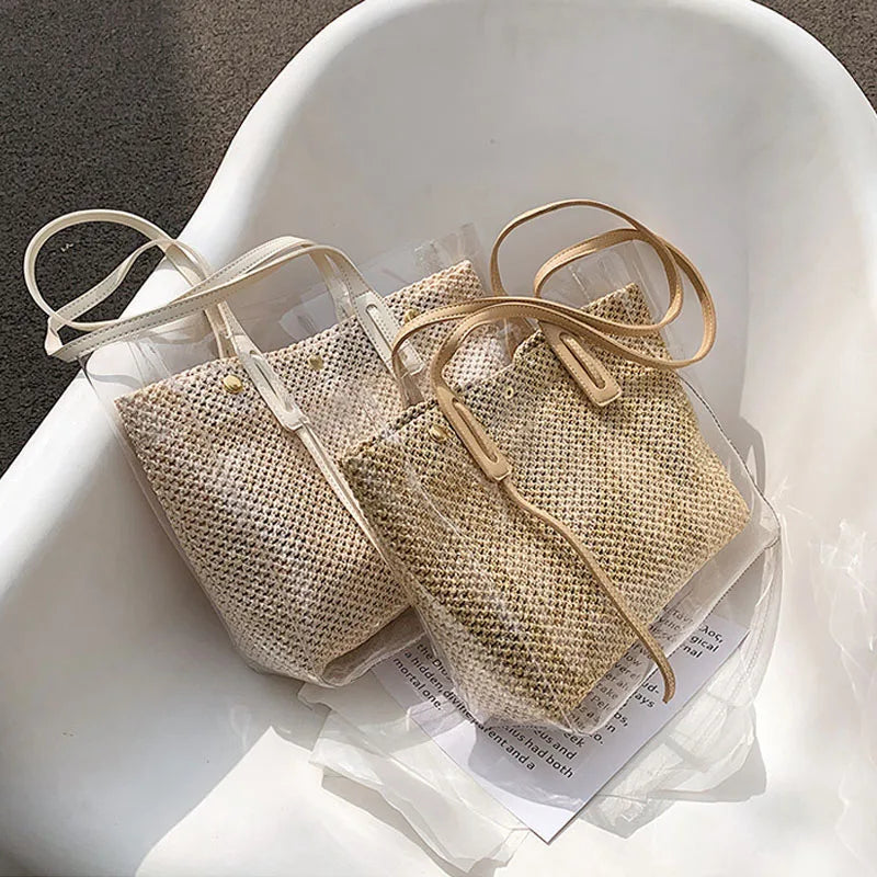 High Capacity Tote Bag Women's Jelly Bags Transparent Straw PVC Shoulder Bags