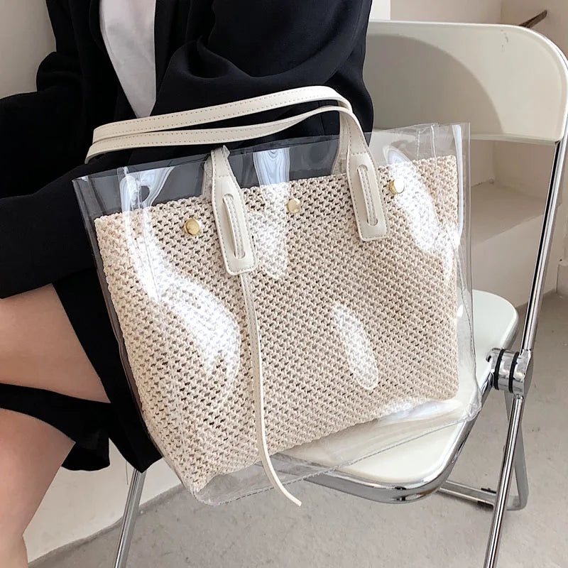 High Capacity Tote Bag Women's Jelly Bags Transparent Straw PVC Shoulder Bags