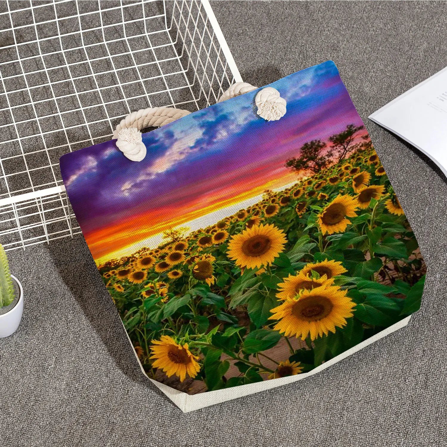 Sunflower Print Handbag High Capacity Travel Beach Tote Bag for Women