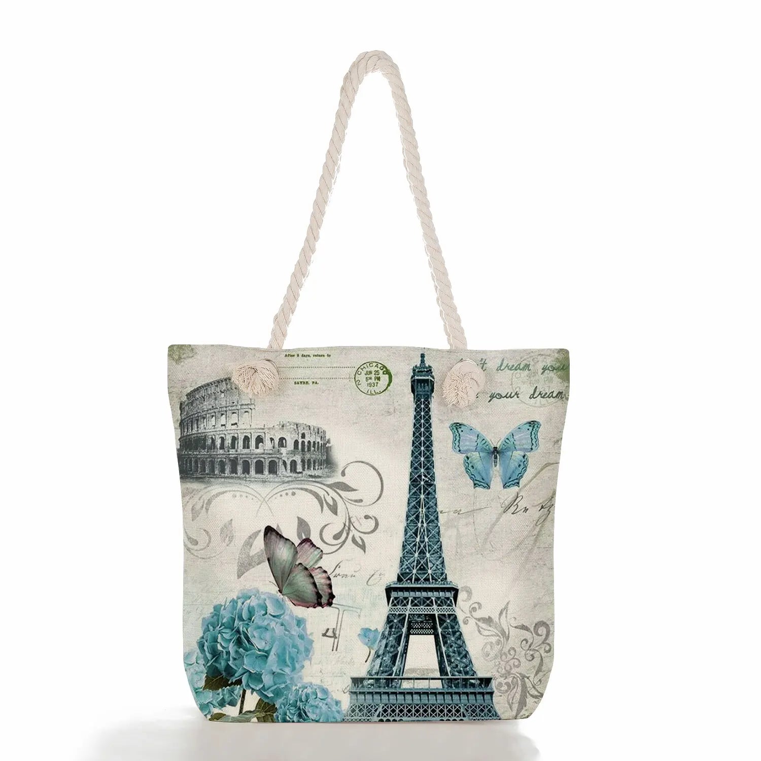 Eiffel Tower Printed Beach Shoulder Bag for Women