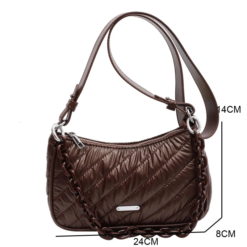 High Capacity Winter Chain PU leather Padded Down Cotton Handbags