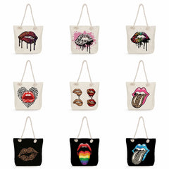 Leopard Lips Print Beach Tote Bag Reusable Shopping Thick Rope Travel Shoulder