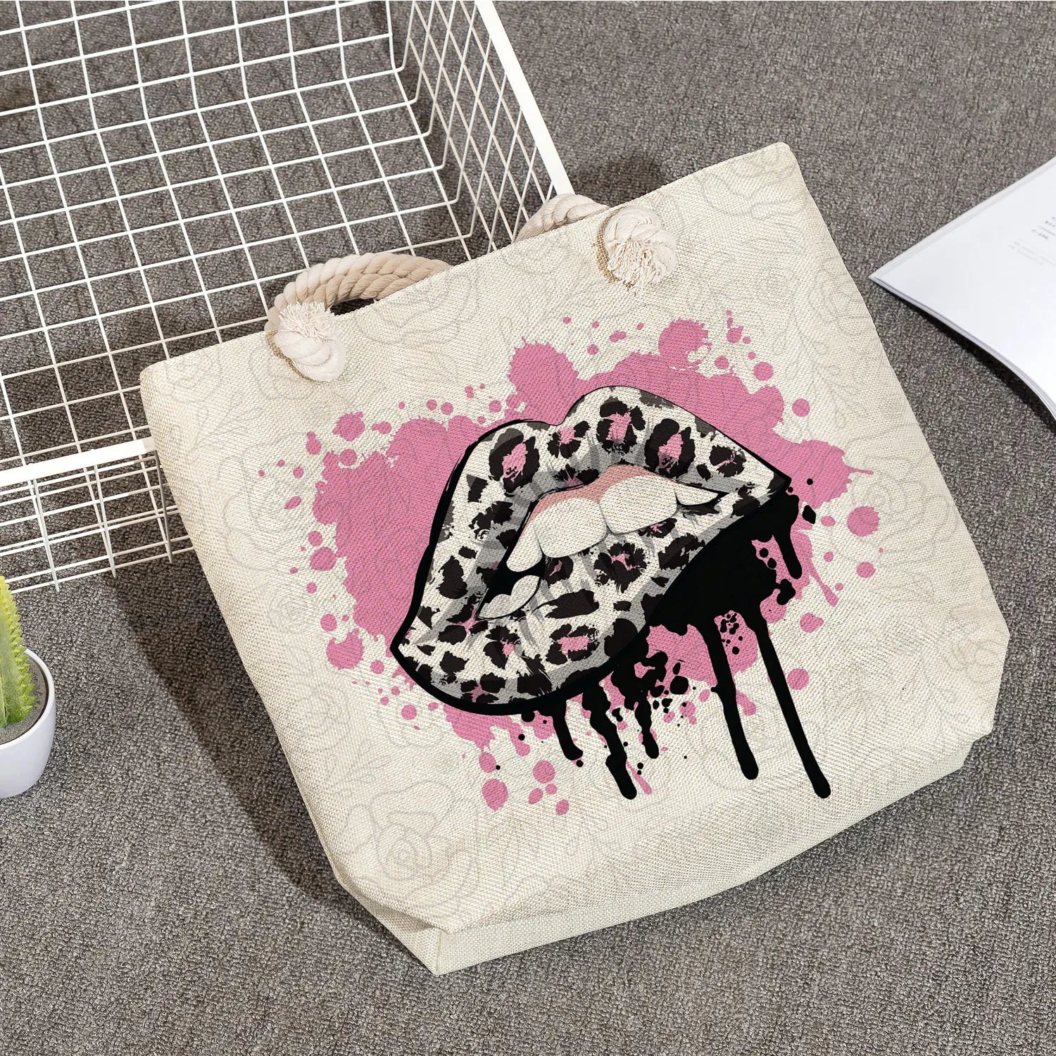 Leopard Lips Print Beach Tote Bag Reusable Shopping Thick Rope Travel Shoulder