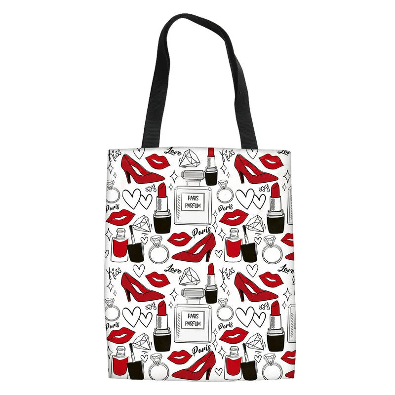High Heel Lipstick Pattern Women Handbags Folding Fabric Shoulder Tote Bag