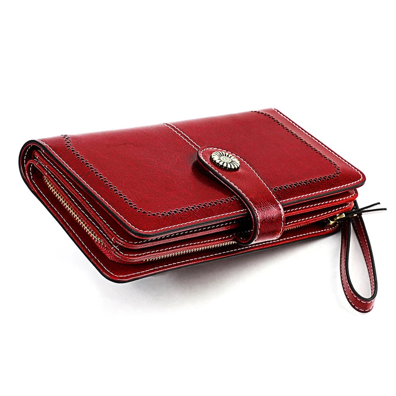 Cowhide RFID Wallet Women Oil Wax Female Purse Leather Clutch Vintage