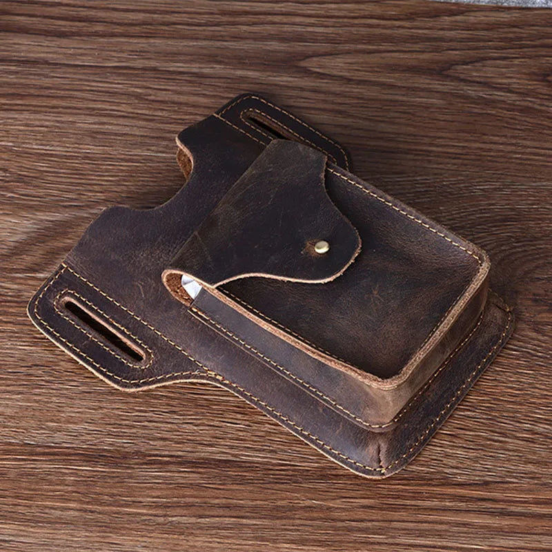 High Crazy Horse Leather Waist pack Phone Bag Belt Loop Hook Waist Pouch Brown