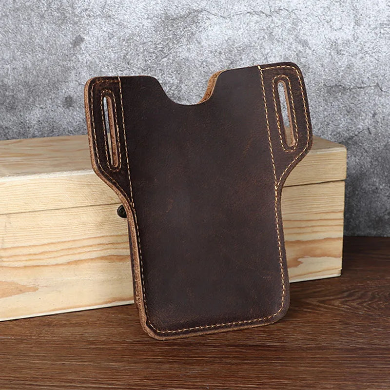 High Crazy Horse Leather Waist pack Phone Bag Belt Loop Hook Waist Pouch Brown