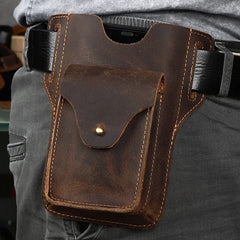 High Crazy Horse Leather Waist pack Phone Bag Belt Loop Hook Waist Pouch Brown