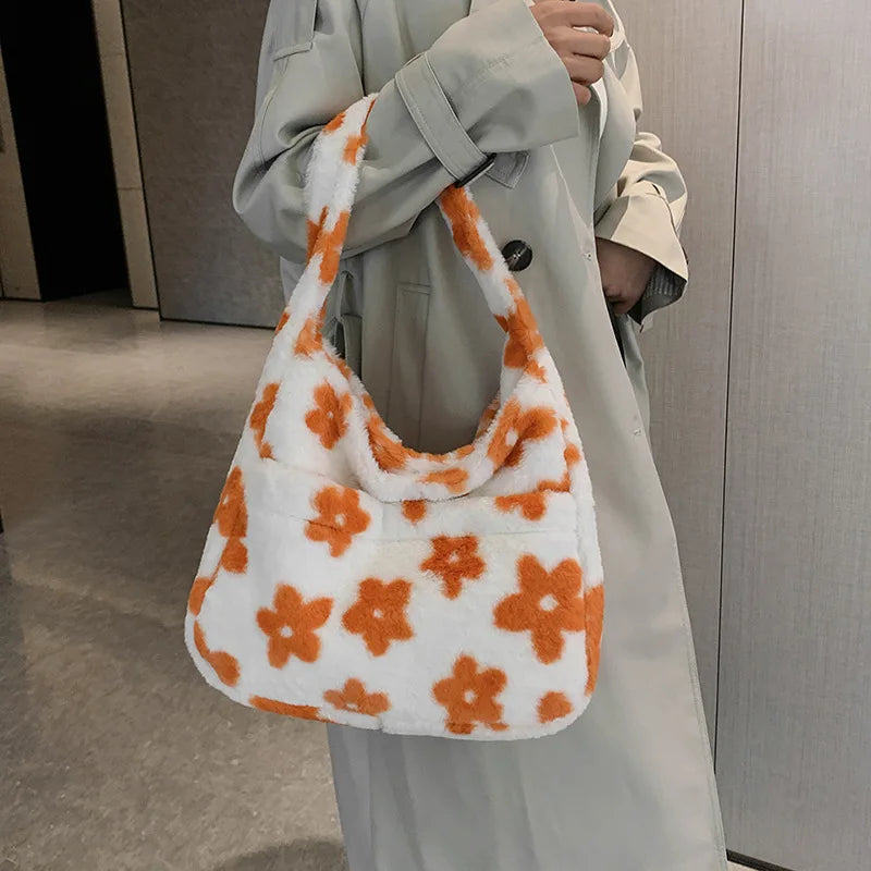 Women's Soft Plush Flower Handbag Large Capacity Winter Warm Totes
