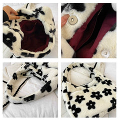 Women's Soft Plush Flower Handbag Large Capacity Winter Warm Totes