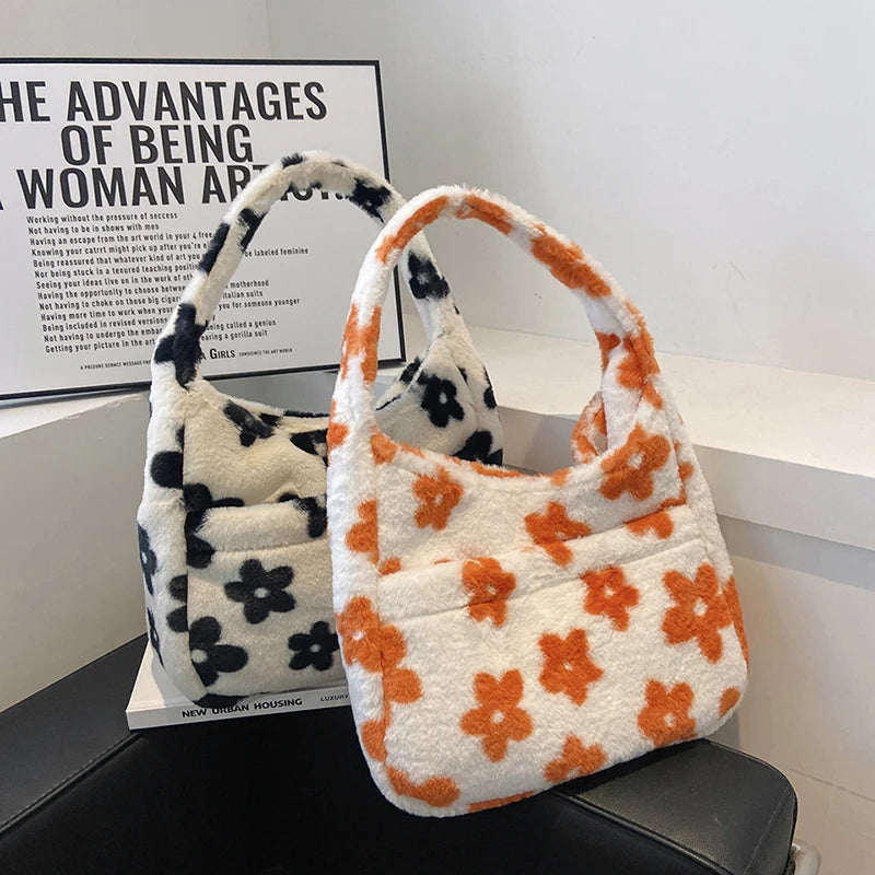 Women's Soft Plush Flower Handbag Large Capacity Winter Warm Totes