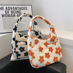Women's Soft Plush Flower Handbag Large Capacity Winter Warm Totes