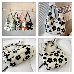 Women's Soft Plush Flower Handbag Large Capacity Winter Warm Totes