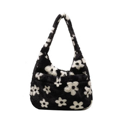 Women's Soft Plush Flower Handbag Large Capacity Winter Warm Totes