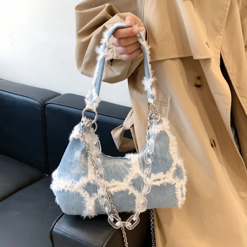 High Denim Bags Women Underarm Shoulder Bag Chain Messenger Bag