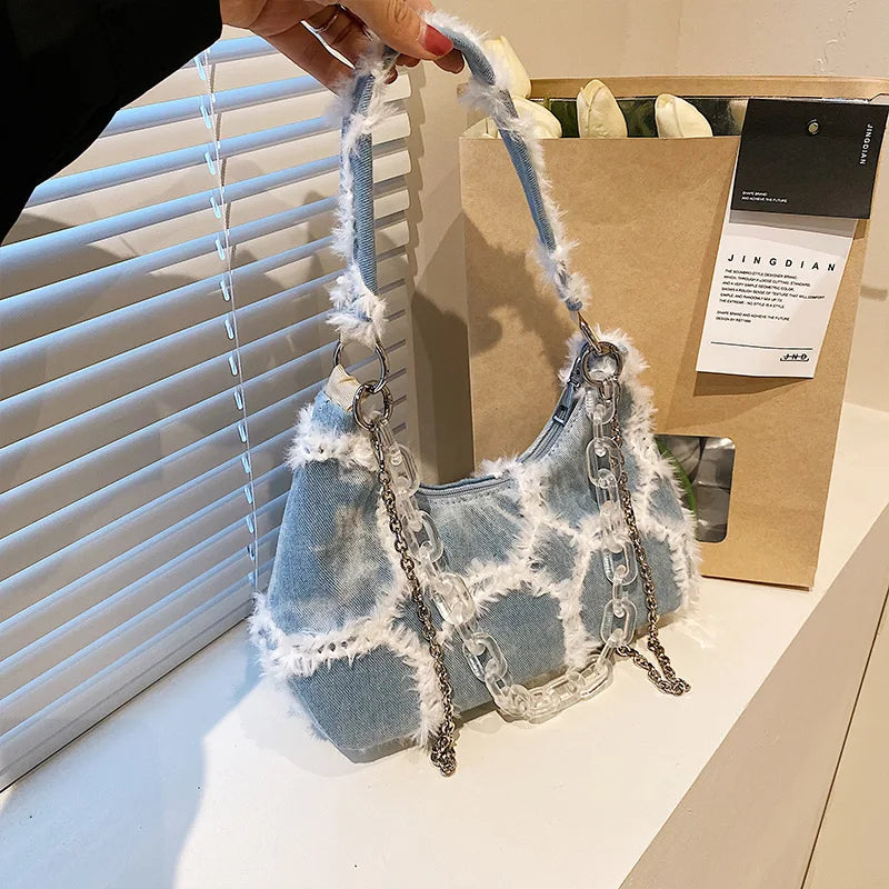 High Denim Bags Women Underarm Shoulder Bag Chain Messenger Bag