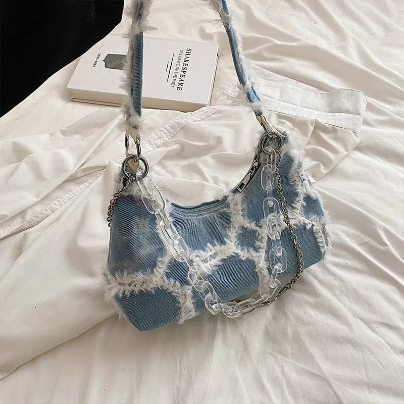 High Denim Bags Women's Net Red Texture Underarm Shoulder Bag Chain Messenger