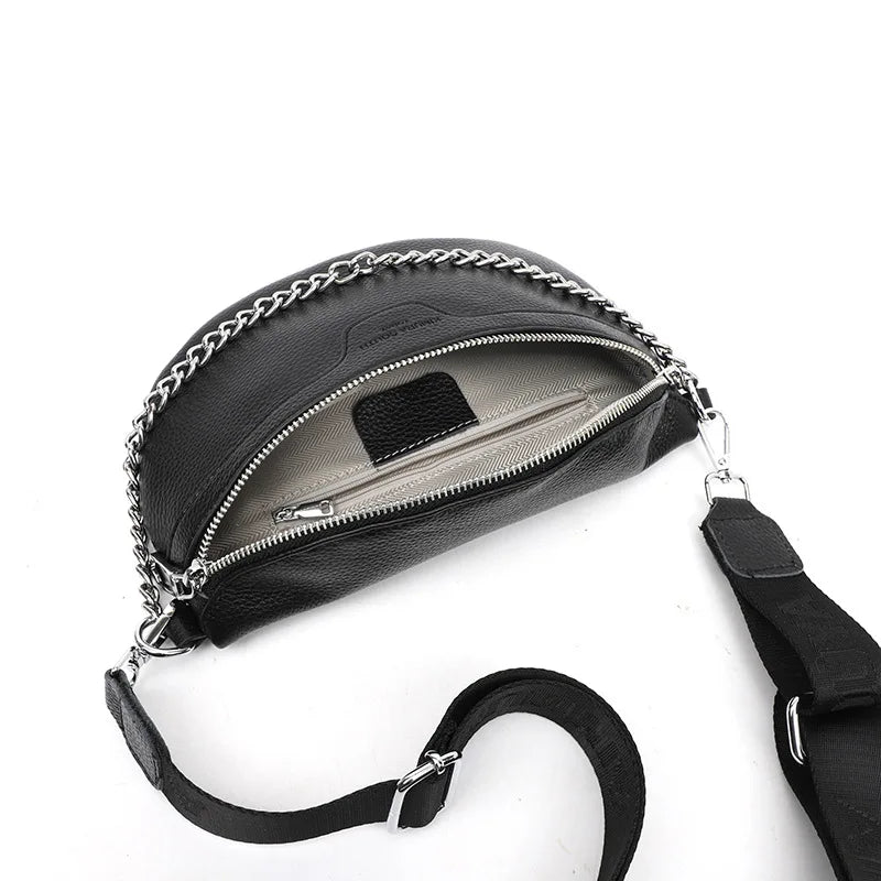 Leather Chest Pack Chain Crossbody Bag Real Cowhide Waist Bag