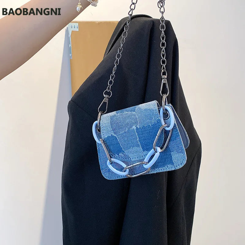 Square Denim Shoulder Bag Magnetic Buckle Chain Handbag