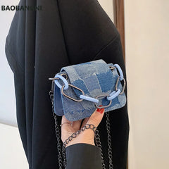 Square Denim Shoulder Bag Magnetic Buckle Chain Handbag