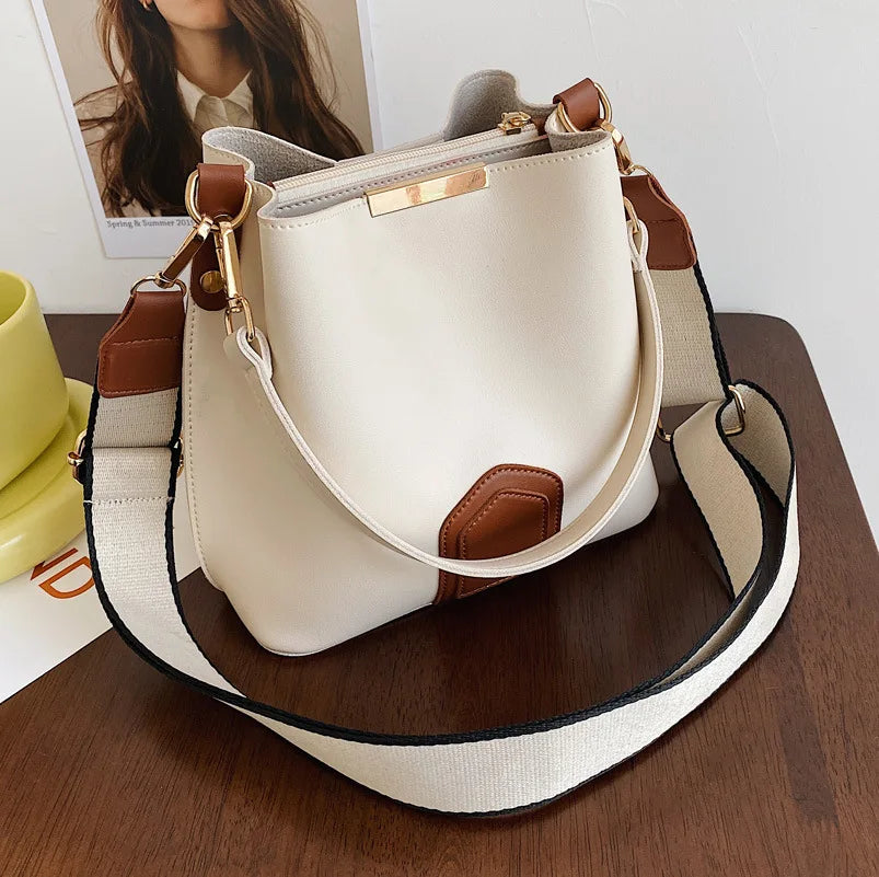 Messenger Bucket Bag Wide Shoulder Strap Retro Handbag