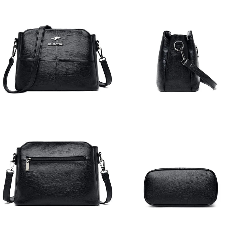 High Leather Crossbody Bag For Women 3 Layers 2 Shoulder Strap Messenger Bag