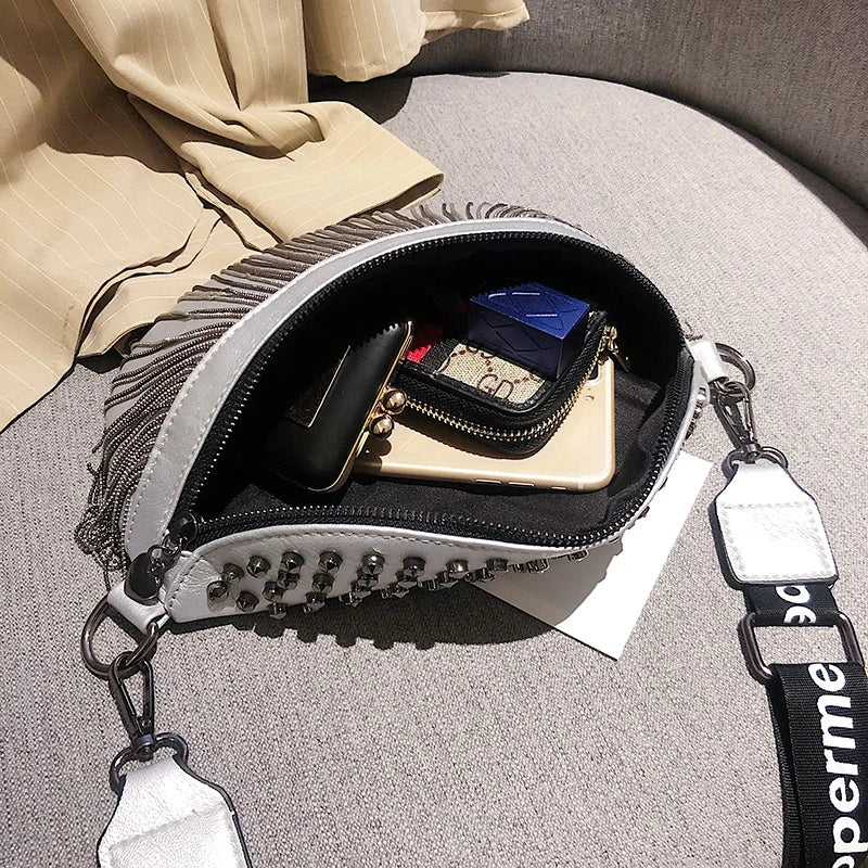 Leather Crossbody Bags Rivet Shoulder Handbag Metal Tassel Saddle Bags