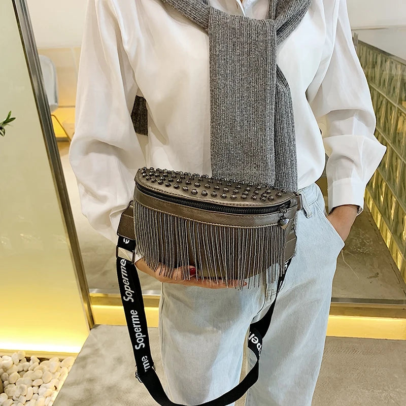 Leather Crossbody Bags Rivet Shoulder Handbag Metal Tassel Saddle Bags