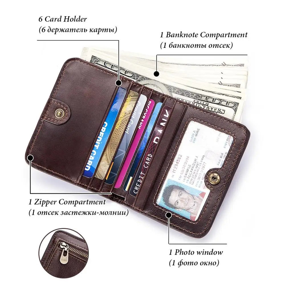 Vintage Short Men's Leather Wallet with Zipper Pouch
