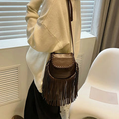 PU Leather Shoulder Bags Women Tassel Handbags Purse Ladies Retro CrossBody Bag